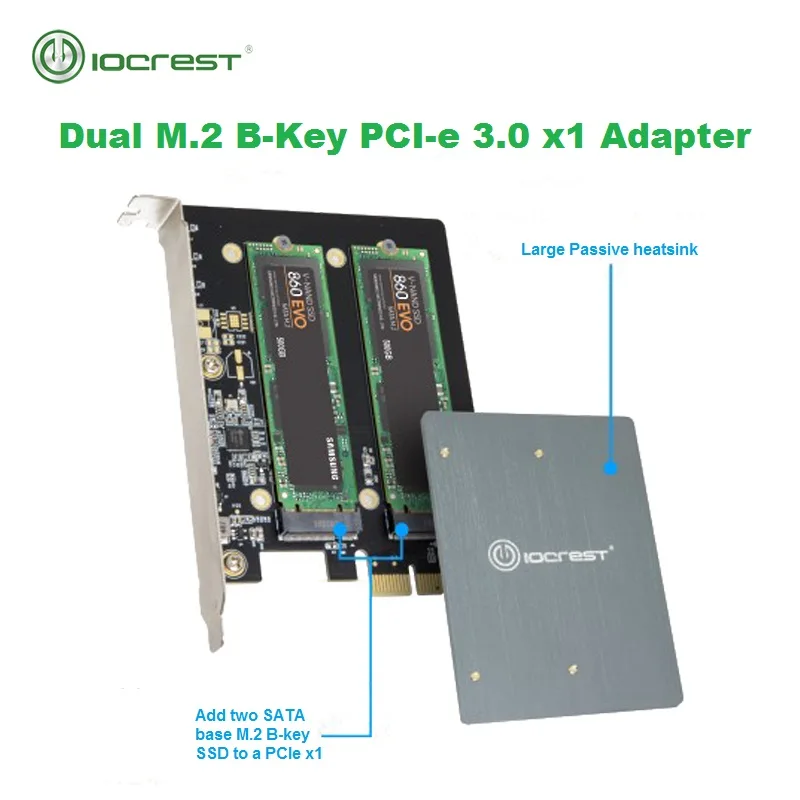 Адаптер IOCREST Dual M.2 Ngff Sata Ssd B Key Pci-e 3 0 X1 с поддержкой радиатора 2230 2242 2260 2280 и 22110 |