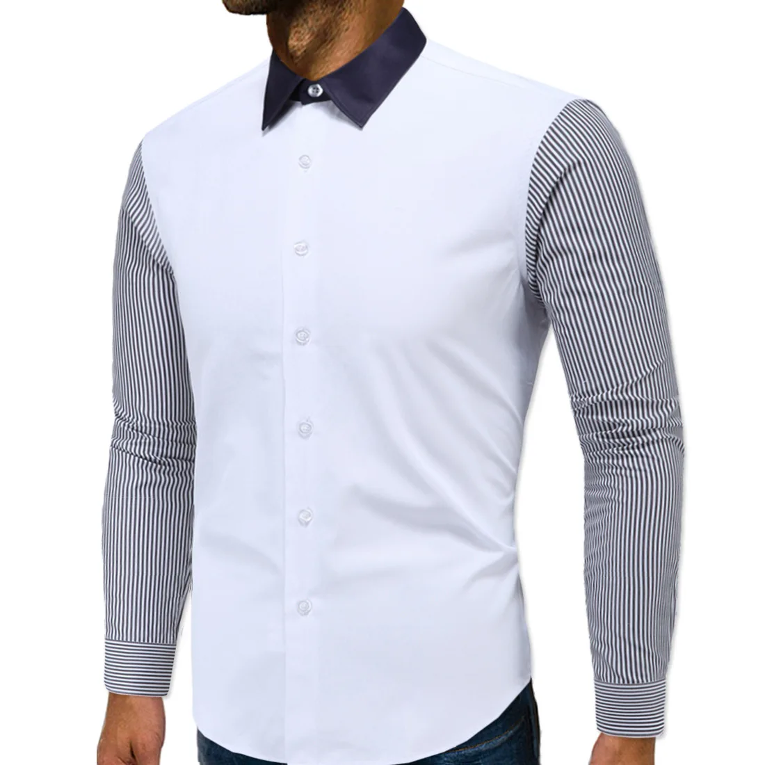 

JJ-D007 New Fashion M-5XL Spring & Autumn Clothing Plus Size Men's Big-size Striped Stitched Long-sleeved Mens Dress Shirts