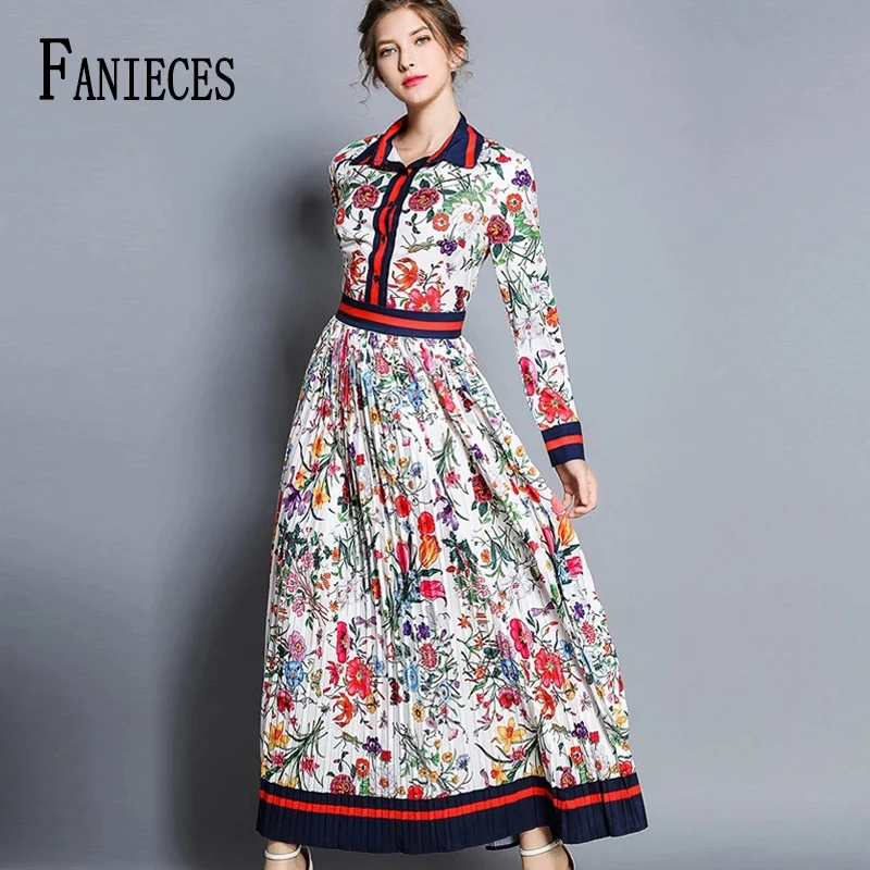 

Sexy Long Sleeve Robe Autumn Women Runway Summer Dress Turn-Down Collar Vintage Print Maxi A-Line Dresses vestidos de verano
