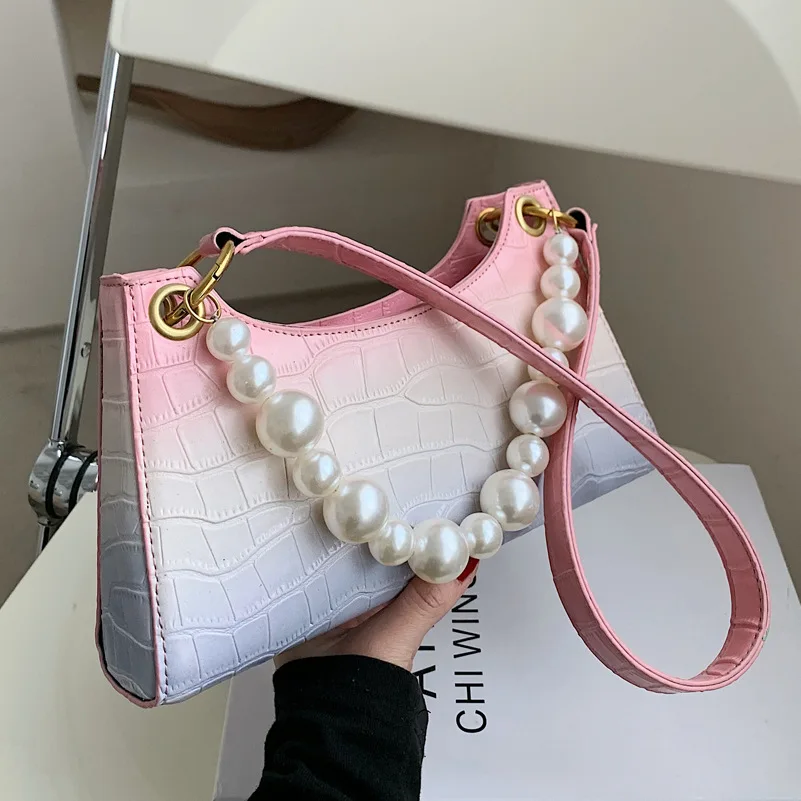 

High-quality Gradient Color Stone Pattern Small Bag Female Spring 2021 New Trendy Fashion Pearl Handbag Shoulder Underarm Bag