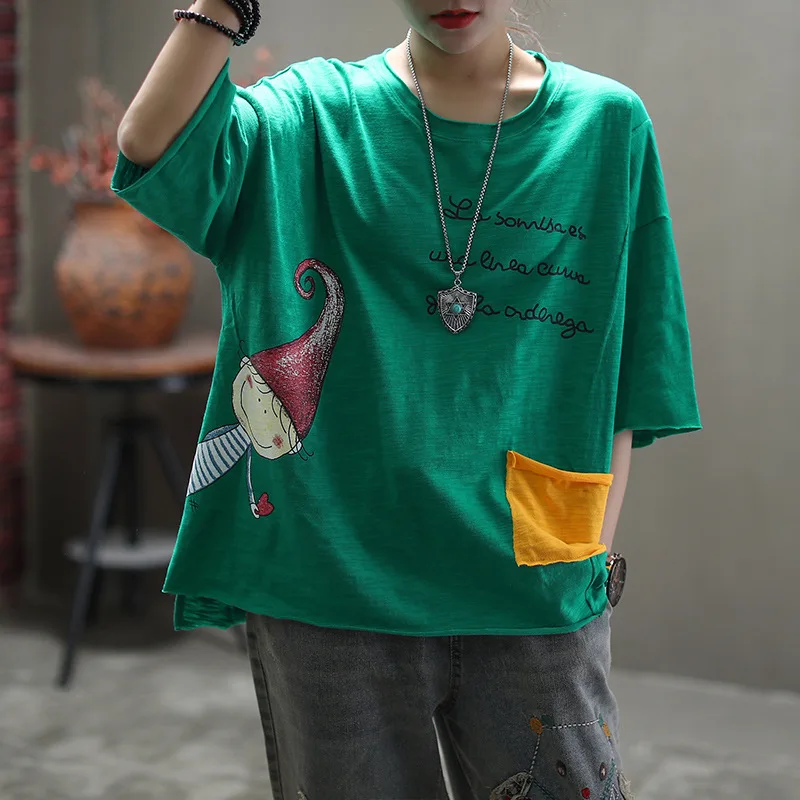 2020 Summer T-shirt Women Loose All-match Tops New O-Neck Short Sleeve Patchwork Print Character Casual Ladies | Женская одежда