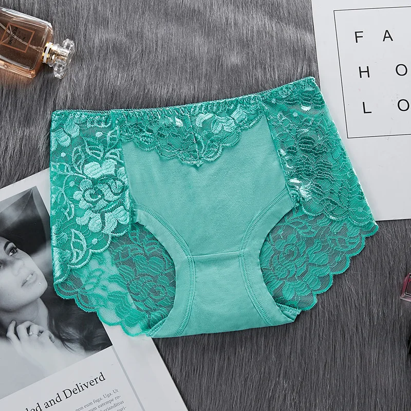 Mint Green Кружевное женское нижнее белье большого размера, женские прозрачные дышащие трусы без следов на талии и бедрах, хлопковое нижнее белье - Цвет: Mint Green