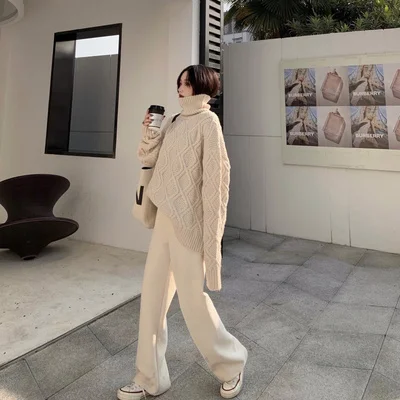 

Autumn Winter White Loose Turtleneck Women Elegant Pullovers Casual Woman Sweaters