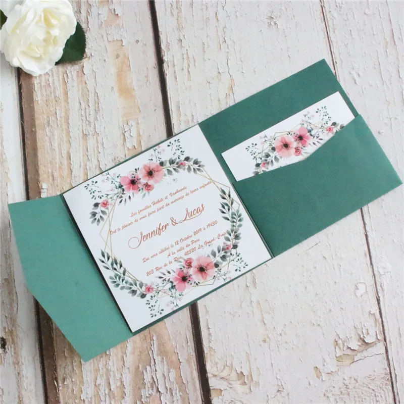 dark green Faire часть mariage свадебные Приглашения с изготовленные на заказ с принтом цветочной вставкой карты и пояс, 50 шт в наборе - Цвет: dark green