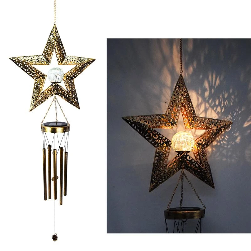 

Solar Outdoor Light Wrought Iron Moon Star Sun Garden Wind Chimes Hanging Pendant Windbell Home Landscape LED Solar Lamp Decor