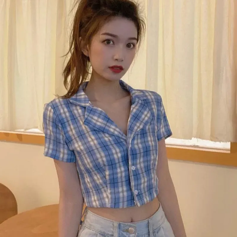 

Summer Women Casual Plaid Notched Collar Shirt Short Sleeve Lady Short Exposed Navel Tops