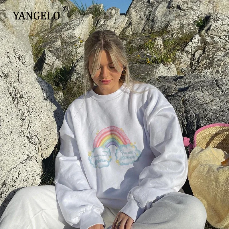 

Harajuku Rainbow Print Round Neck Women's Pullovers White Casual Loose Sweatshirt New Cotton Long-sleeved Top for Girls