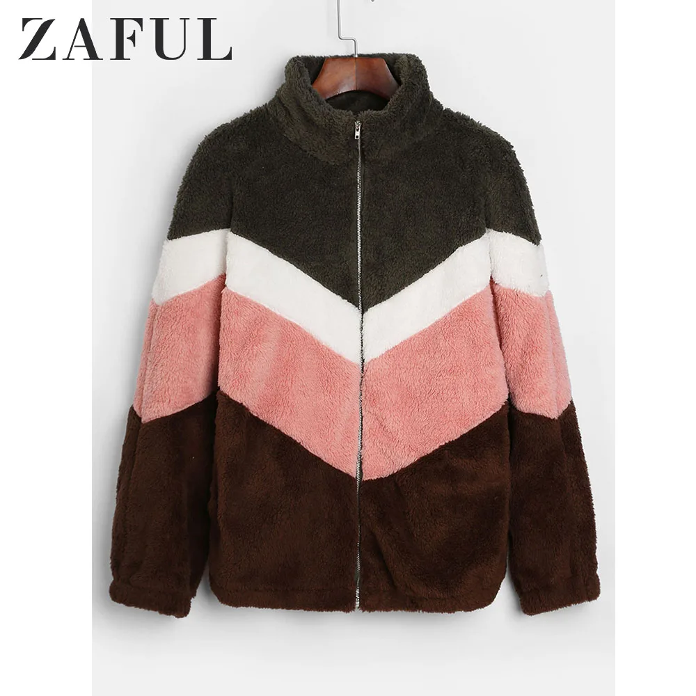 ZAFUL пальто из искусственного меха на молнии с цветными блоками, Женское пальто с высоким воротником из комбинированного меха с широкой талией, Повседневная Уличная одежда зима