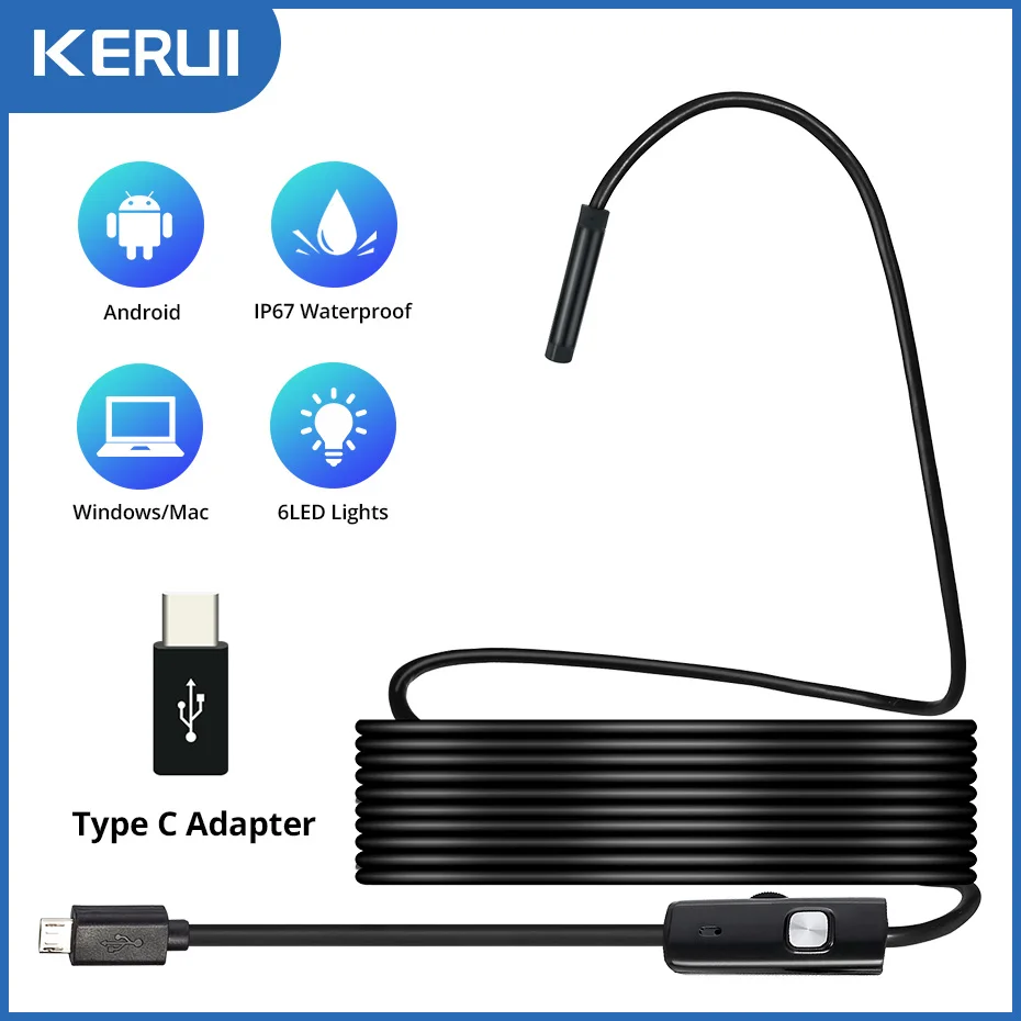 KERUI USB Mini Endoscope Camera with TYPE C Adapter Flexible Cable Snake Borescope Inspection Camera for Android Smartphone PC
