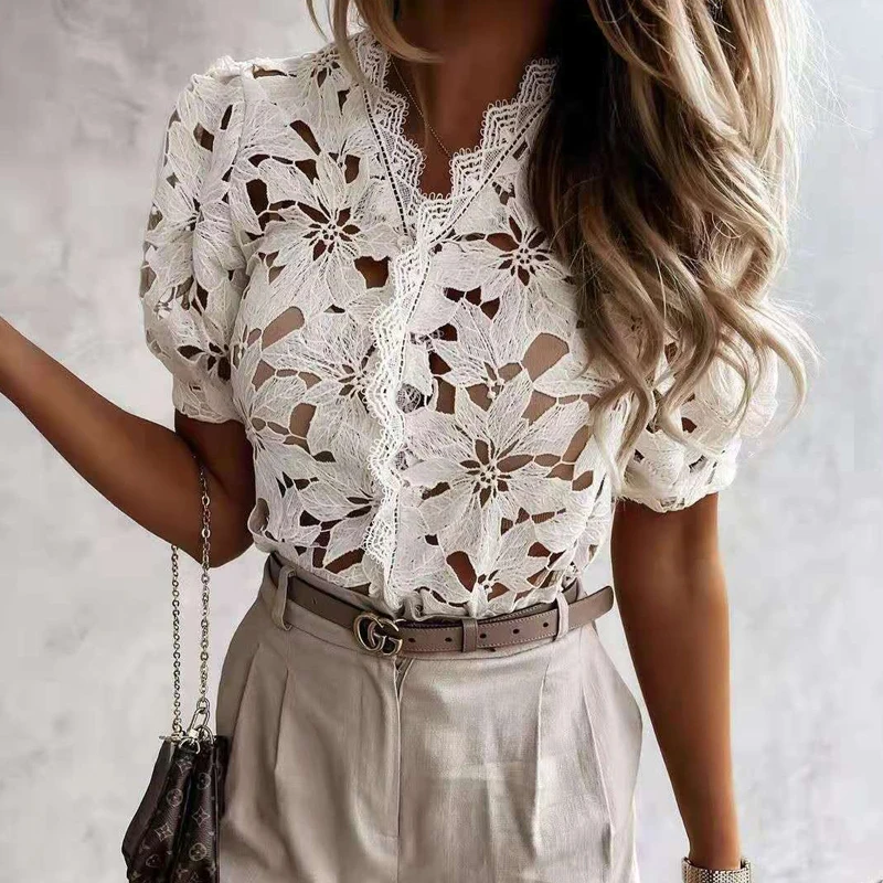 

2021 New Crochet Flower Hollow Out Blouses Sexy V Neck Button Office Lady Shirt Top Summer Fashion Embroidery Short Sleeve Blusa