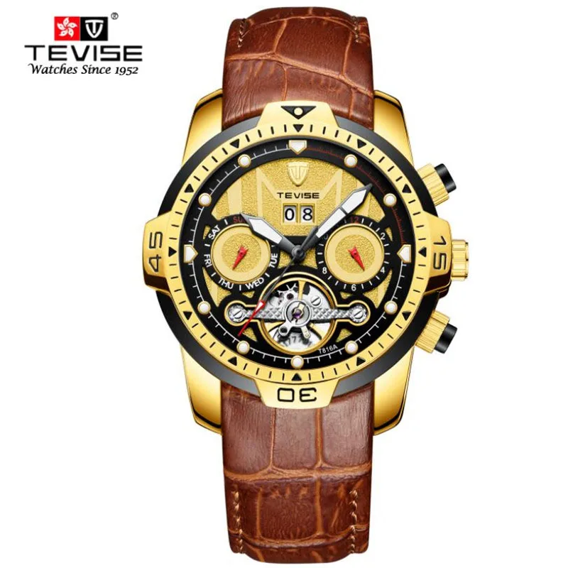 

Vintage Men Automatic Mechanical Tourbillon Gold Dial Watch Luxury Fashion Sports Military Watches Leather Mens Clock Relogio