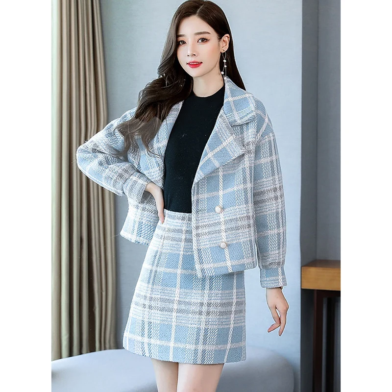 Женский осенне-зимний костюм новое модное шерстяное пальто в клетку + юбка