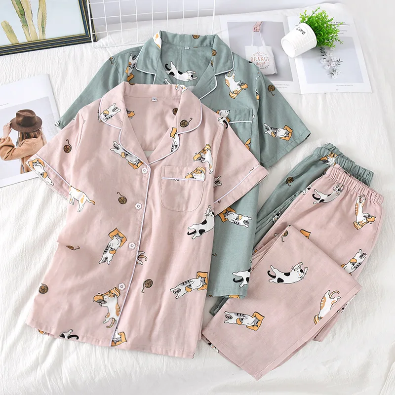 Summer Couple Pure Cotton Pajamas Set Gauze Men and Women Thin Short Sleeve Sleeve Trousers Comfortable Pajamas 2 Sets of Home