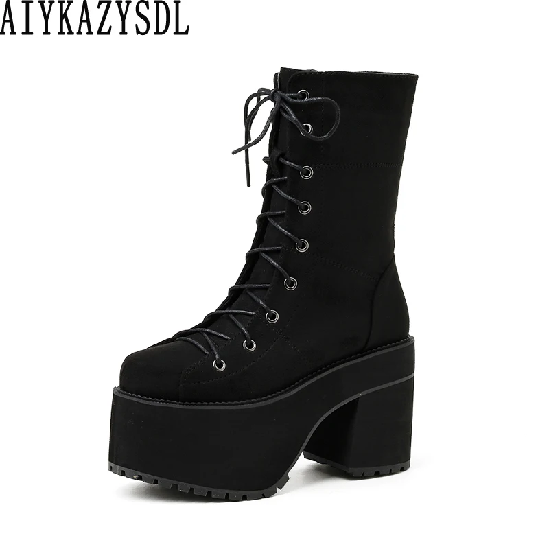 

AIYKAZYSDL Women Autumn Winter Ankle Boots Flock Platform Chunky Block Bootie Ultra Very High Heel Motorcycle Boots Plus Size 43