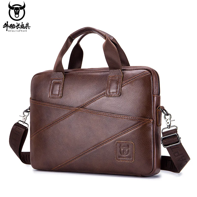 Men Genuine Leather Briefcase Business Handbag Cowhide Shoulder Bag Crossbody Bag 14 Inch  Laptop Male Travel Bag Black&Brown