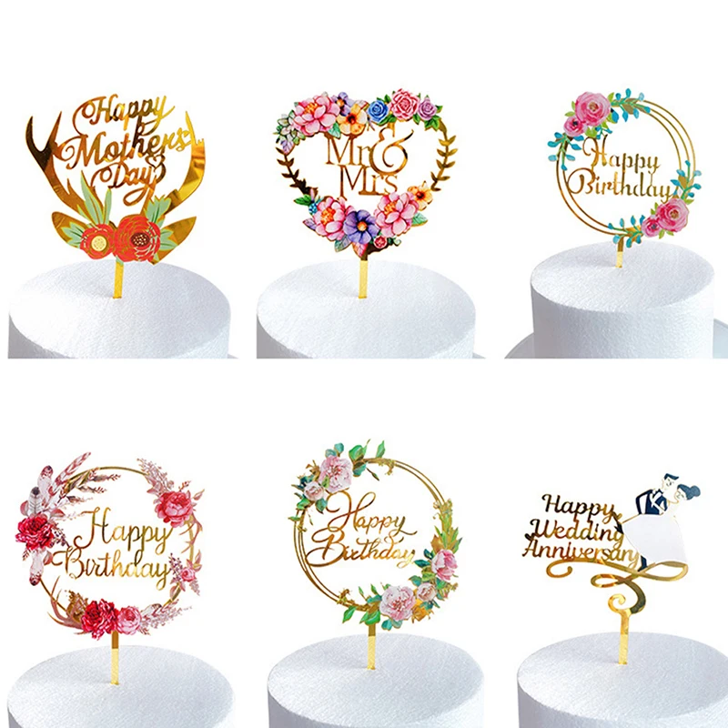 

New Colored flowers Happy Birthday Cake Topper Golden Acrylic Birthday party Dessert decoration for Baking supplies