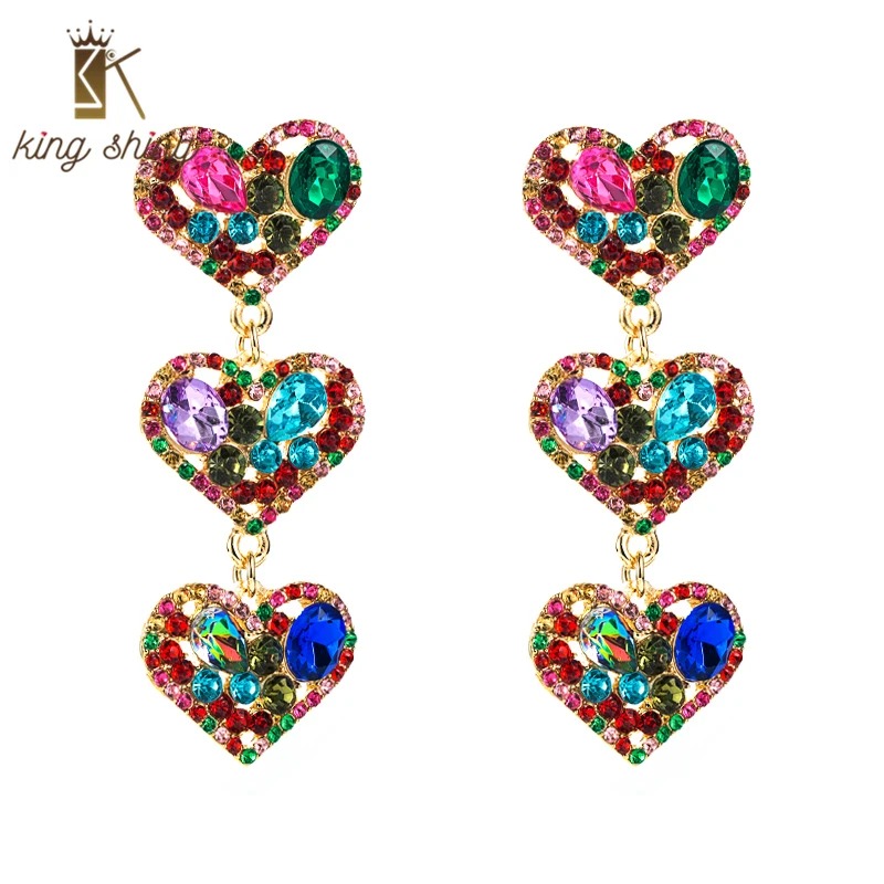 Роскошные блестящие Многослойные висячие серьги King в форме сердца, элегантные многоцветные длинные Подвесные серьги с кристаллами, украше...