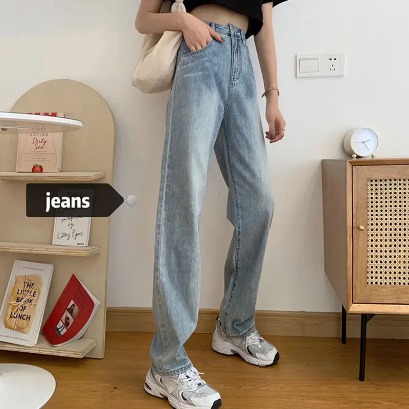 

Women Casual Mid-Waist Jeans Fashion Streetwear Vintage Wide Leg Denim Pants Blue Lady Harajuku Straight Pants 2020