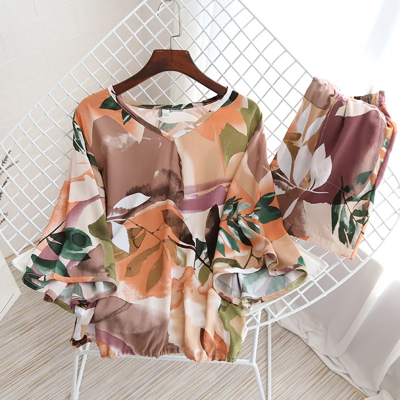 

Summer Pajama Viscose Woman Print Two Piece Sets Thin V-Neck Pullover Loose Casual Home Clothing Three Quarter Top Shorts Suit