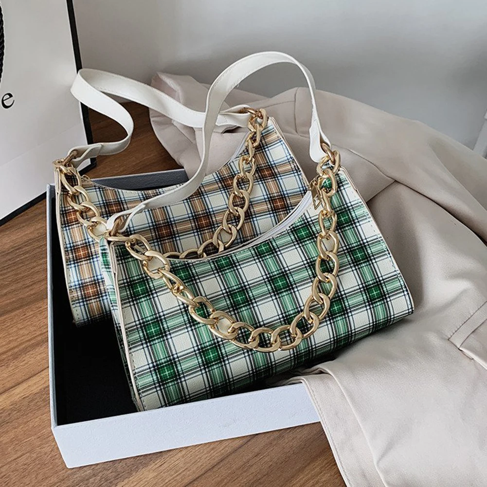 

Vintage Retro Plaid Women Shoulder Bag Female PU Leather Chain Travel Small Handbag Daily Ladies Underarm Tote Purse