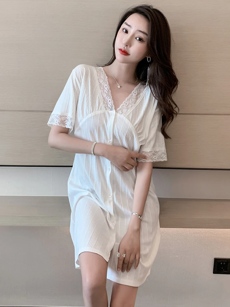 Pajamas Nightdress Women's Summer Short-Sleeved Cotton Thin New Cardigan Cute Princess Style Home Wear sleeping dress