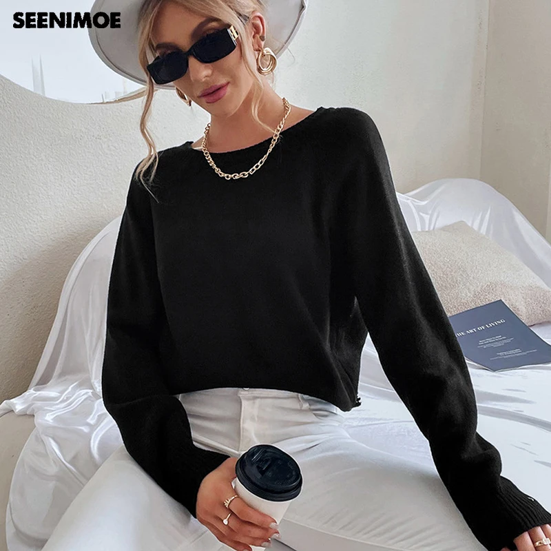 

SEENIMOE Women Sexy Deep-V Backless Lace Pullovers Sweaters Black Primer Sweatershirt Long Sleeve Femme Slimfit Knitwear
