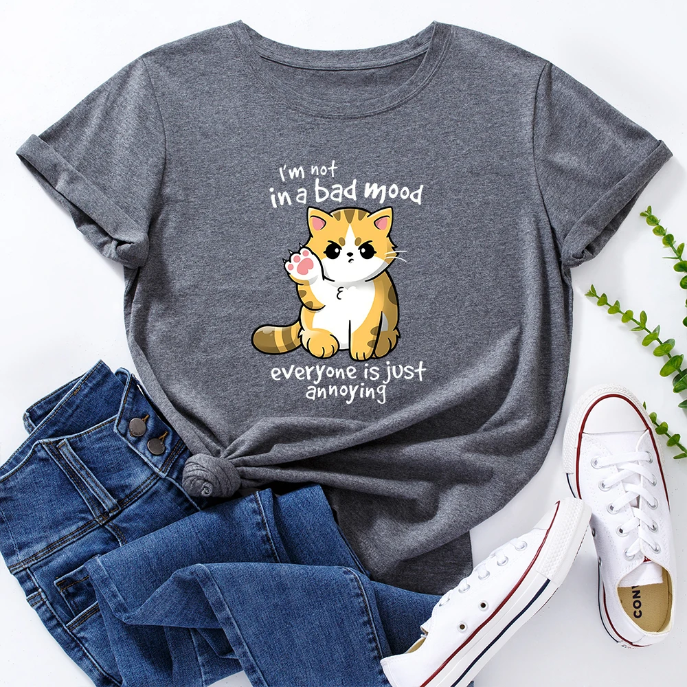 

WK Women T-Shirts Cotton Short Sleeve Graphic Tees Female Shirt Summer Tops Funny Animal Cat Printed I'm Not In A Bad Mood Tee