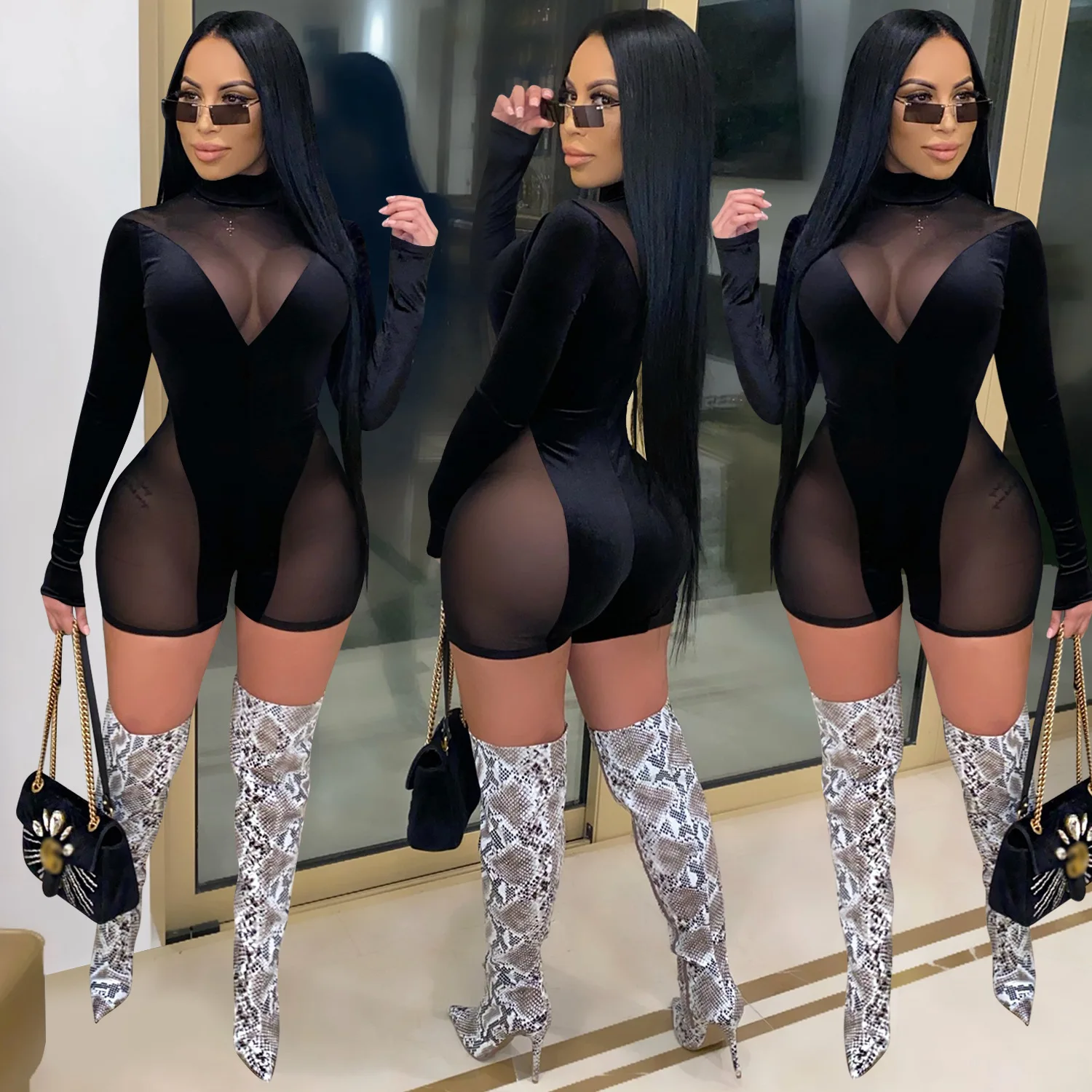 Женский кружевной комбинезон в стиле пэчворк S XXL прозрачный сетчатый с длинным