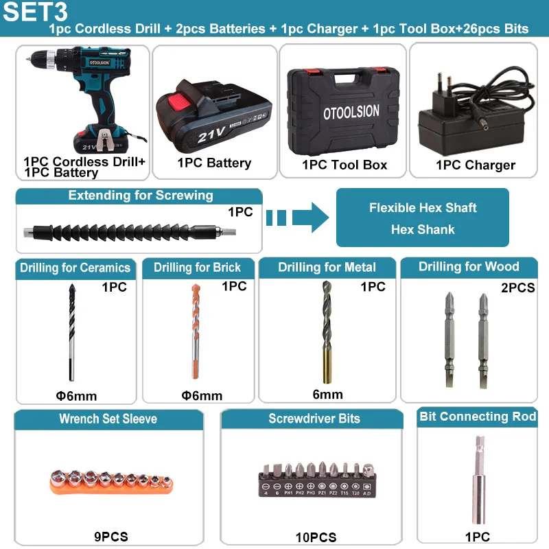 SET3 (2 pc battery) Ударная 2 Скорость 21 В аккумуляторная отвертка ударная аккумуляторная электрическая дрель аккумуляторные инструменты электроинструменты сверление в стали дерево керамика - Цвет: SET3 (2 pc battery)