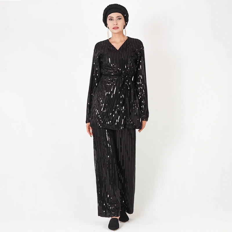 Блесток abaya Дубай мусульманский Топ ансамбль Femme 2 шт. Pantalon Оман Пакистан Исламская молитва одежда для женщин хиджаб платье комплект