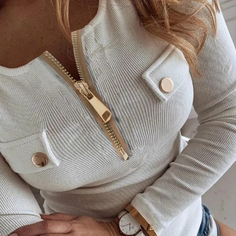 

2021 Soild Female Tshirt Long Sleeve White T Shirt Casual Tee Winter Cordurory Women T-shirt Tops Outfits Zippers Buttons G2092