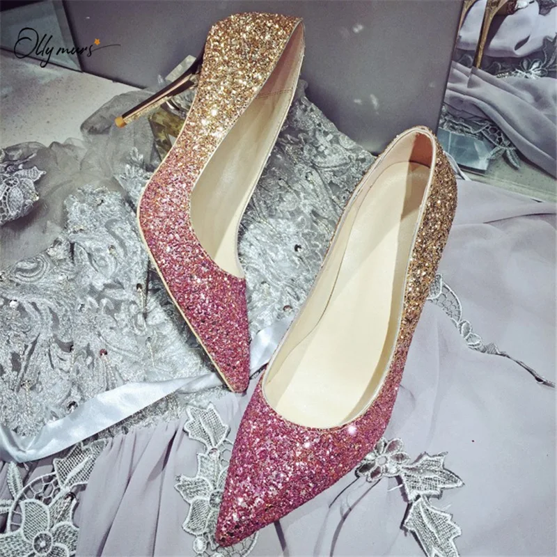 

OllyMurs New Style Spring Summer Blingbling Surface Women Pumps Sexy Pointed Toe Slip On Thin High Heel Pumps Party Shoes Woman