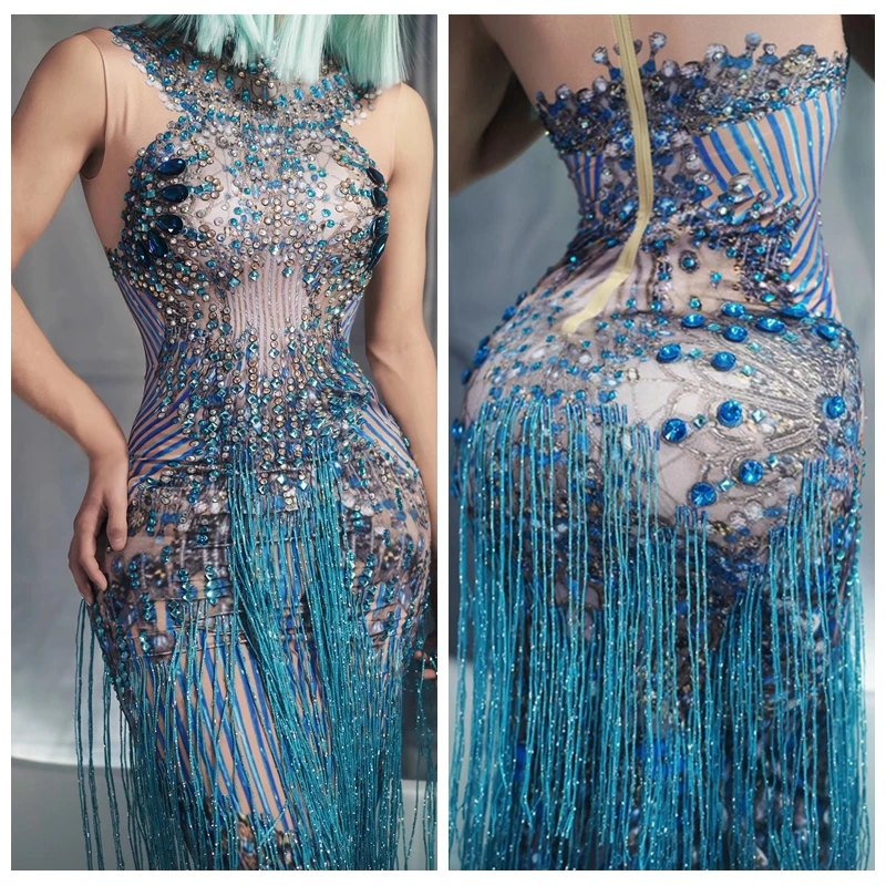 Женское коктейльное платье макси небесно-голубого цвета с кристаллами и