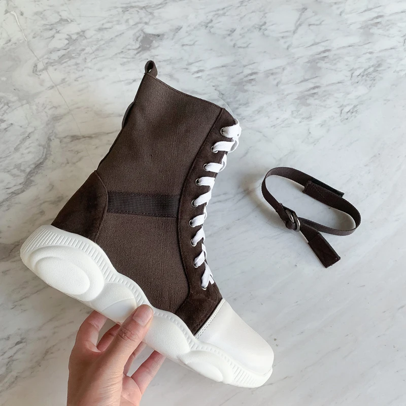 

ENMAYER Round Toe Height Increasing Sports Boots Lace-Up Mid-Calf Flat Winter Boots Women Solid PU Short Plush Med-calf Boots