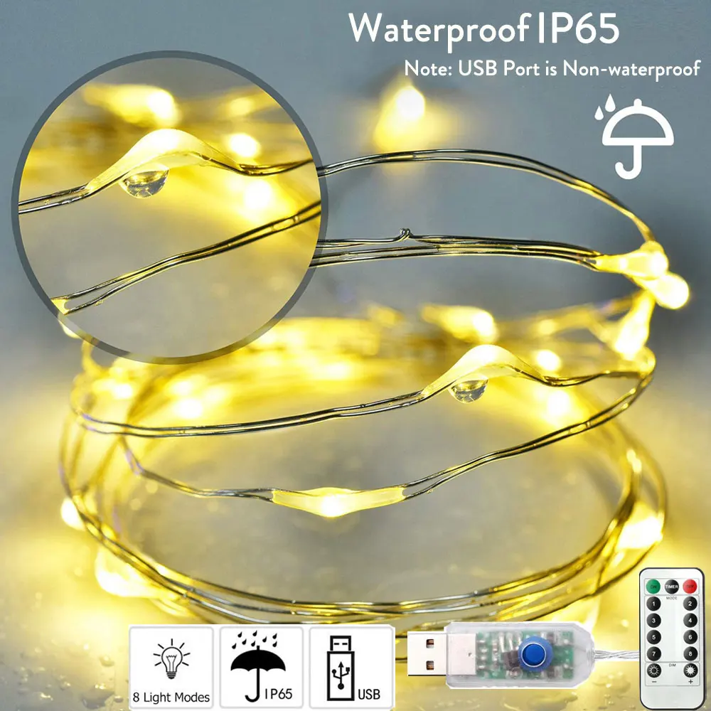 

10-100 LEDs USB Powered LED String Lights Xmas Decor Lights Dimmable Copper Wire String Lights 8 Lighting Modes IP65 with Remote