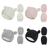 3pcs children cotton hat and gloves newborn baby winter knitted hat ear solid warm cute glove lovely toddler beanie cap 0 18m
