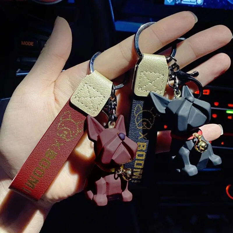 

Creative Cartoon Geometric Bulldog Keychains Women Men Cute Animal Key Chain PU Leather Lanyard Car Keyring Holder Bag Pendant