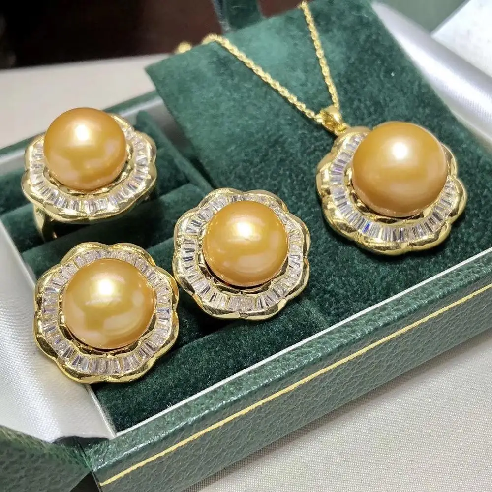 Женский жемчужный комплект D510 набор ювелирных украшений из золотистого жемчуга