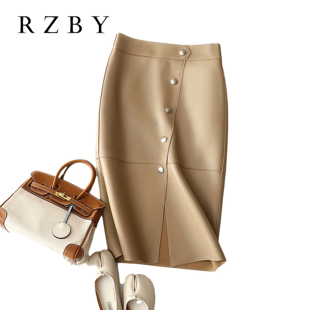 

Midi A-line Skirt Women Natural Real Sheepskin Fashion High Waist Office Lady Bodycon Skirts Genuine Leather Falda RZBY290