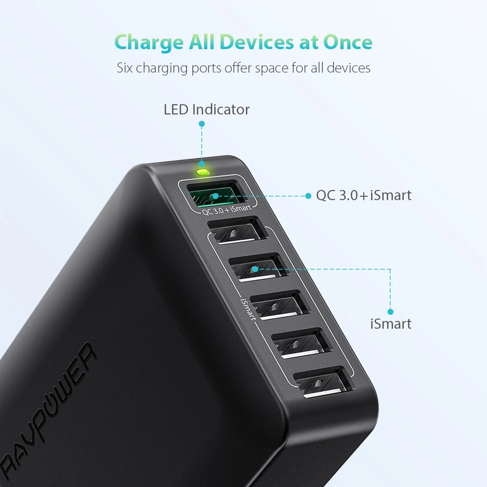 ravpower 60w 6 port fast pd charger usb desktop charging station smart multiple ports for iphone samsung laptop free global shipping