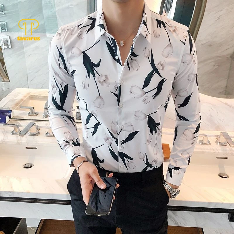 

TAVARES Men Dress Shirts Floral Fashion Office Social Business Interview Collared Shirt Long Sleeve Black Casual Work Clothes