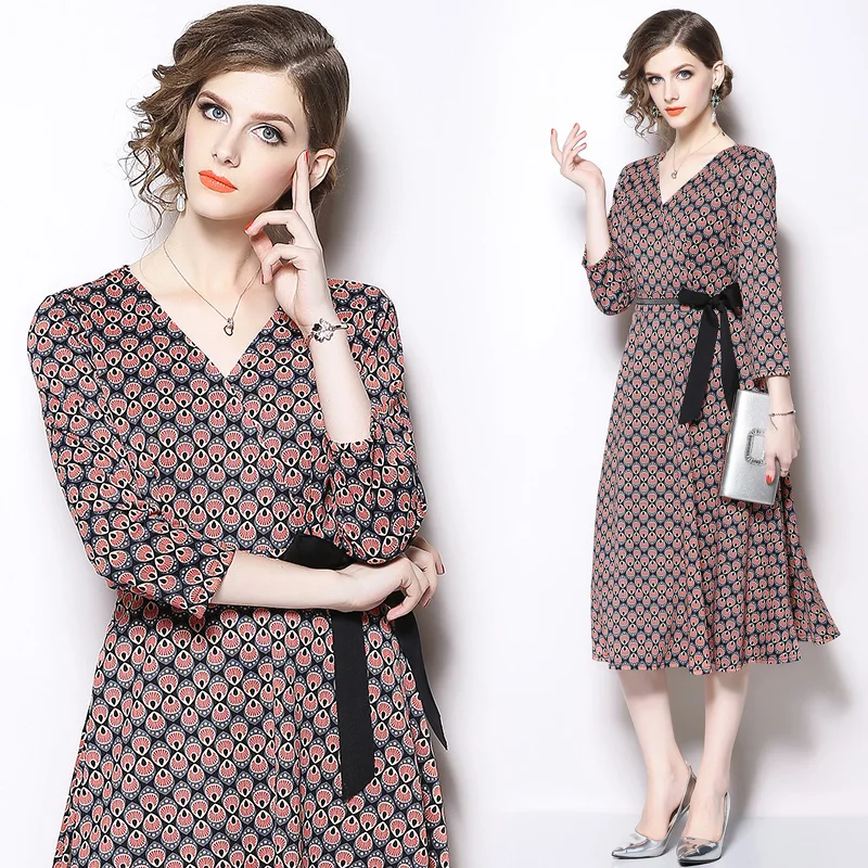 

New Elegant Vintage Women Print Bow Tunic V Neck 3/4 Sleeve Midi Dress Lady Evening Party Dresses Clothing