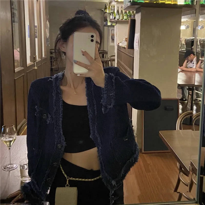 

Vintage Frayed Denim Coat Loose V-Neck Long Sleeve Short Women Autumn Jackets Single Breasted Solid Color Female Jacket
