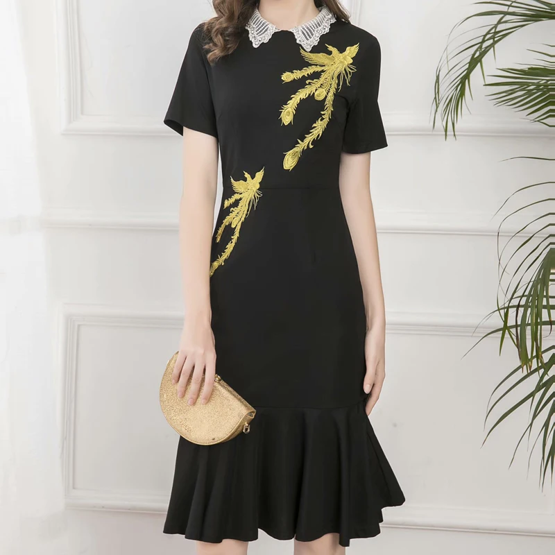 

2021 Summer New Style Retro Ethnic Embroidery Flowers Beaded Short Sleeve Slim Temperament Black Fishtail Dress High Quality