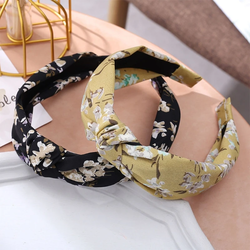 

K3NF Knotted Headbands Floral Pattern Wide Hairband Vintage Criss Cross Turban Hair Hoop Temperament Hair Accessories