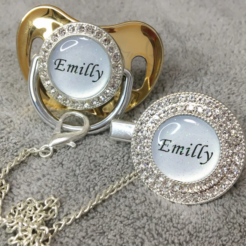 

MIYOCAR custom any glitter name photo clear bling pacifier and pacifier clip silver BPA free dummy bling glitter design P1-1-BG