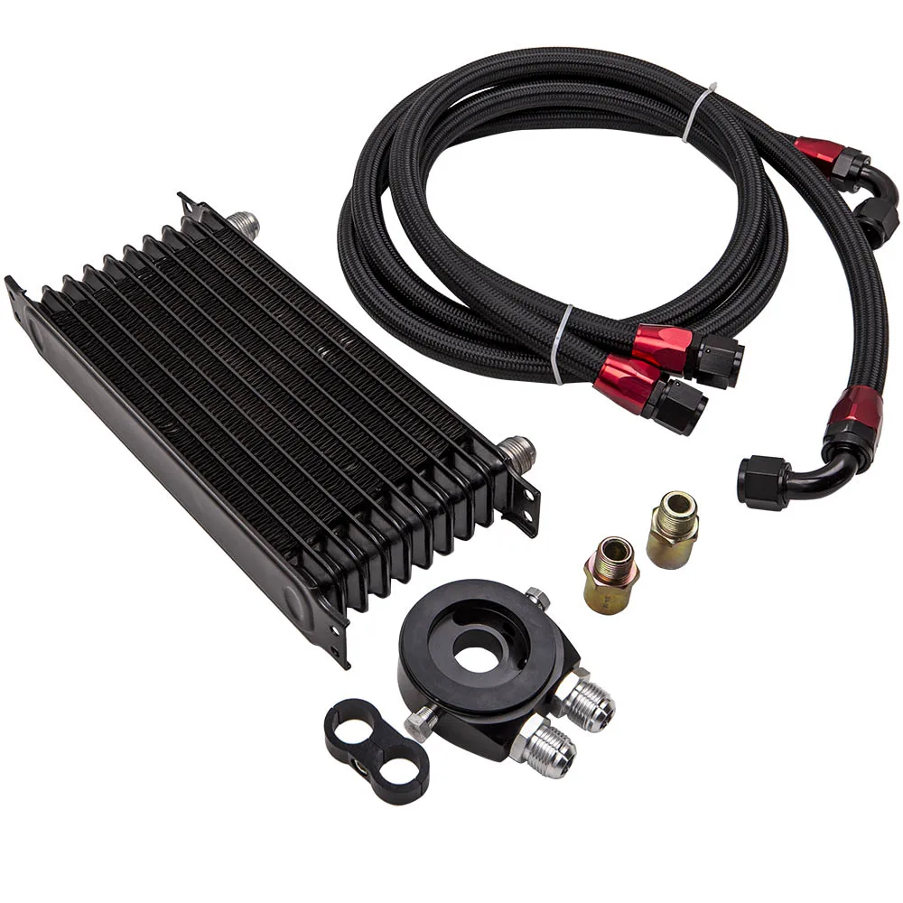 

10 Row AN10 Universal Engine Oil Cooler w/ Oil Lines + Filter Adapter Kit Black