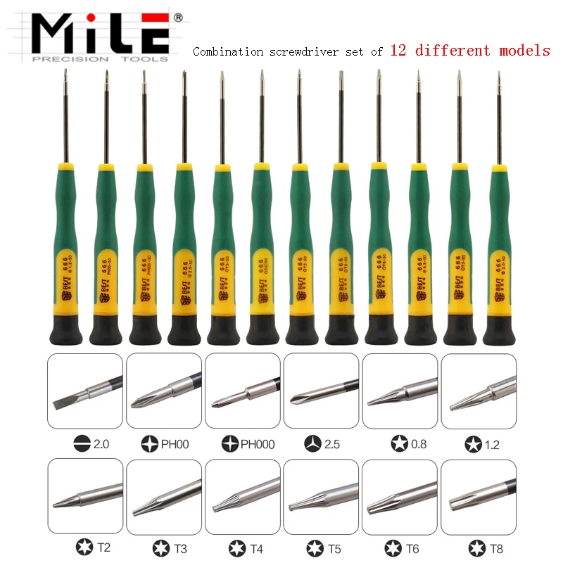 

MILE 12 In 1 Torx T2,T3,T4,T5,T6,T8,Phillips PH00,PH000,Pentalobe 5-Point 0.8,1.2,Slotted 2.0,Y2.5 Precision Screwdrivers Set