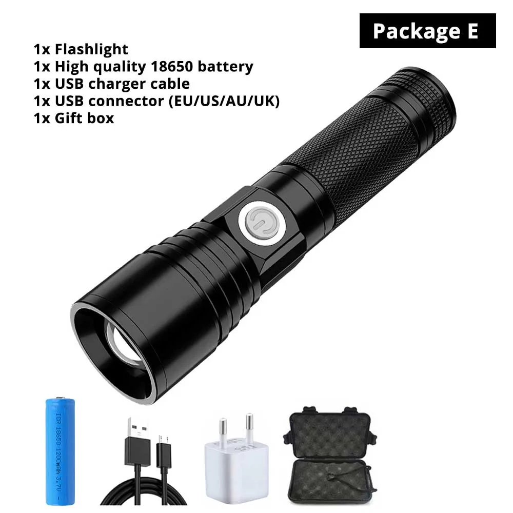 Package E USB Перезаряжаемый светодиодный фонарик супер яркий 5 Режим зум водонепроницаемый фонарь питание от 18650 комплект батареи для ночного освещения - Испускаемый цвет: Package E
