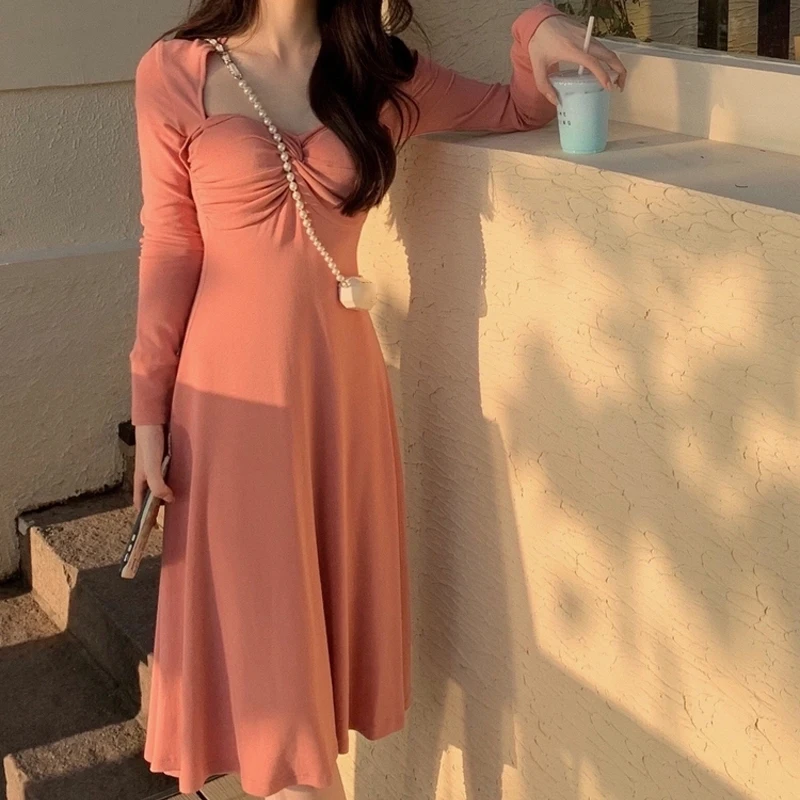 

Elegant Pink Long Dress Women Korean One Piece Vintage Slim Long Sleeve Dress Casual Chic Design Evening Party Dress 2021 Fall
